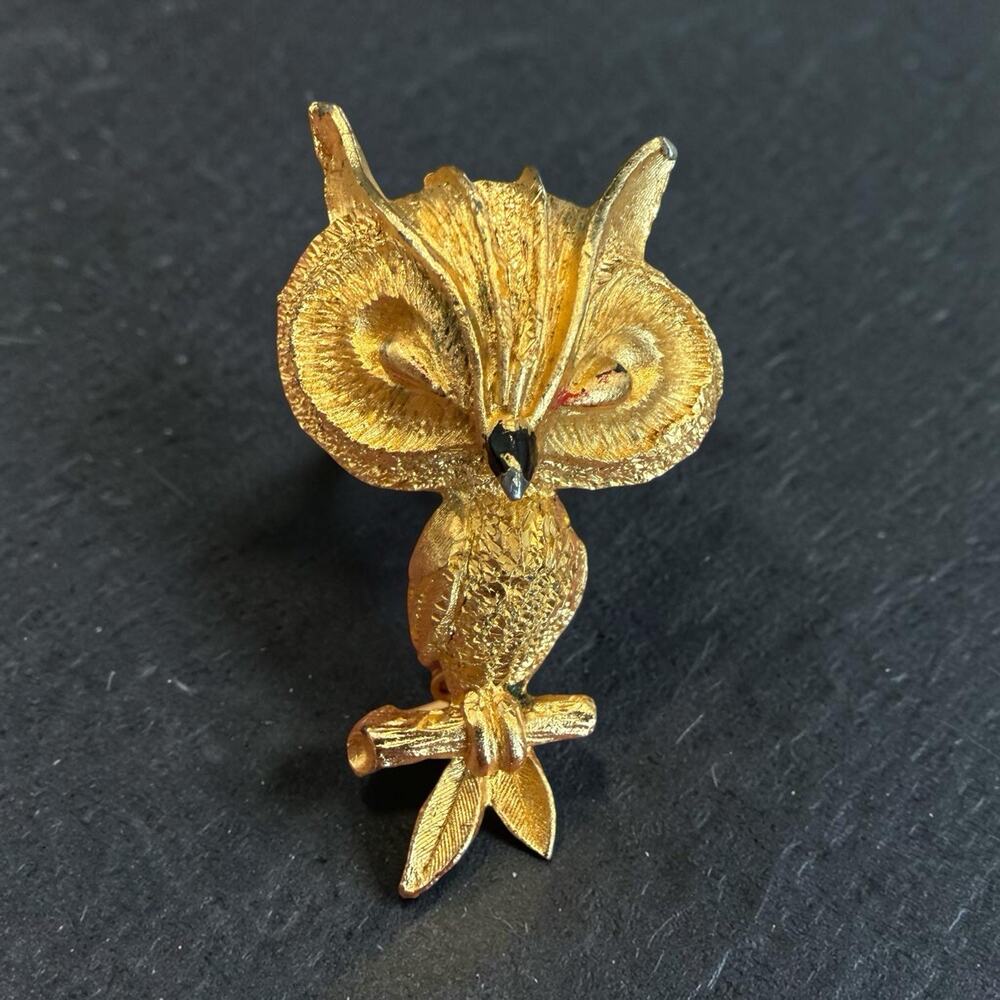 Vintage Gold Tone OWL Brooch Pin Textured Bird Costume Jewelry 1960s
